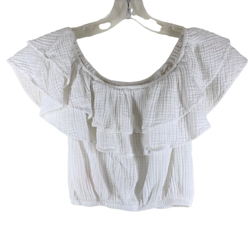 Show Me Your Mumu White Cotton Gauze KAYA Ruffled Crop Top Size XS - Picture 4 of 5